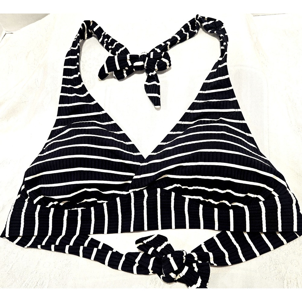 NWT Land's End Size 14 Halter Bikini Top Black/White Stripes Ties at Neck & Back